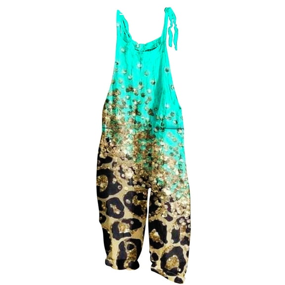 Usmixi Jumpsuits for Women Plus Size Loose Wide Leg Vintage Floral Graphics Cotton Linen Strap Baggy Long Jumpsuits Overalls Summer Formal Leopard Print Round Neck Sleeveless Maxi Rompers Green l