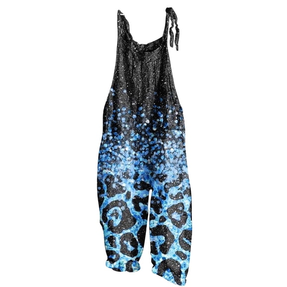 Usmixi Jumpsuits for Women Plus Size Loose Wide Leg Vintage Floral Graphics Cotton Linen Strap Baggy Long Jumpsuits Overalls Summer Formal Leopard Print Round Neck Sleeveless Maxi Rompers Blue l