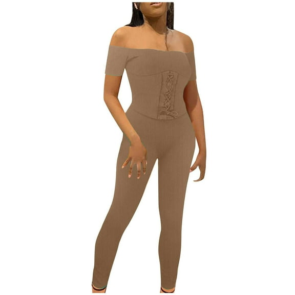 Usmixi Jumpsuits for Women Soft Knitted Ribbed Fashion off Shoulder Elastic Waist Drawstring Slim Fit Jumpsuits Overalls Summer Formal Solid One Line Neck Short Sleeve Long Rompers Khaki xl