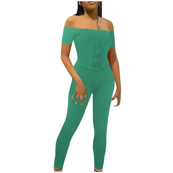 Usmixi Jumpsuits for Women Soft Knitted Ribbed Fashion off Shoulder Elastic Waist Drawstring Slim Fit Jumpsuits Overalls Summer Formal Solid One Line Neck Short Sleeve Long Rompers Green xl