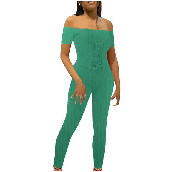Usmixi Jumpsuits for Women Soft Knitted Ribbed Fashion off Shoulder Elastic Waist Drawstring Slim Fit Jumpsuits Overalls Summer Formal Solid One Line Neck Short Sleeve Long Rompers Green s