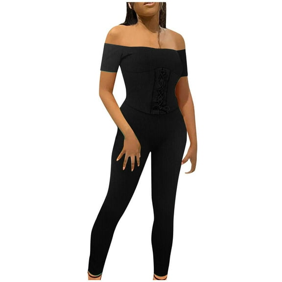Usmixi Jumpsuits for Women Soft Knitted Ribbed Fashion off Shoulder Elastic Waist Drawstring Slim Fit Jumpsuits Overalls Summer Formal Solid One Line Neck Short Sleeve Long Rompers Black l