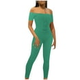 thumbnail image 1 of Usmixi Jumpsuits for Women Soft Knitted Ribbed Fashion off Shoulder Elastic Waist Drawstring Slim Fit Jumpsuits Overalls Summer Formal Solid One Line Neck Short Sleeve Long Rompers Green xl, 1 of 6