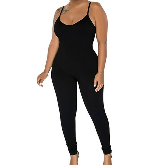 Usmixi Jumpsuits for Women Soft Knitted Sexy Slim Fit Spaghetti Strap Workout Sports Maxi Jumpsuits Overalls Summer Formal Solid Round Neck Sleeveless Long Rompers Black m