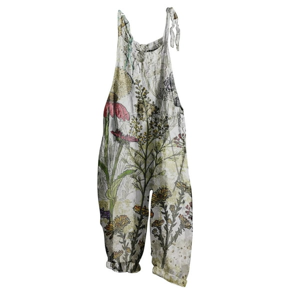 Usmixi Jumpsuits for Women Vintage Cotton Linen Floral Adjustable Strap Pocket Wide Leg Baggy Jumpsuits Overalls Summer Formal Tie-Dye Print Round Neck Sleeveless Long Rompers Gray xxl
