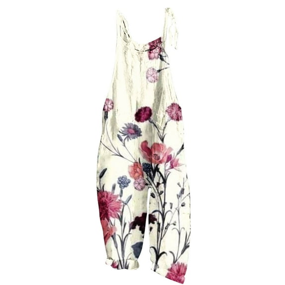 Usmixi Jumpsuits for Women Vintage Cotton Linen Loose Baggy Adjustable Strap Wide Leg Pocket Jumpsuist Overalls Summer Formal Leaves Print Round Neck Sleeveless Long Rompers Red s