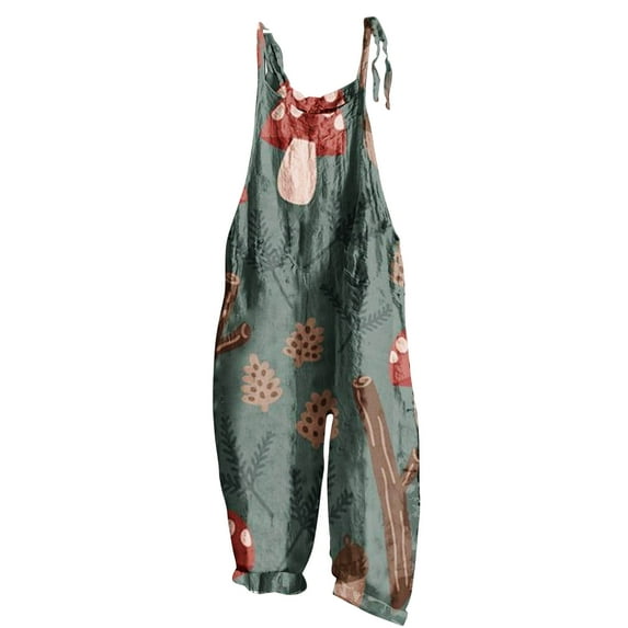 Usmixi Jumpsuits for Women Vintage Cotton Linen Loose Baggy Adjustable Strap Wide Leg Pocket Jumpsuist Overalls Summer Formal Leaves Print Round Neck Sleeveless Long Rompers Green xxl