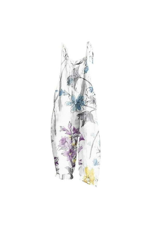 Usmixi Jumpsuits for Women Vintage Cotton Linen Loose Baggy Adjustable Strap Wide Leg Pocket Jumpsuist Overalls Summer Formal Leaves Print Round Neck Sleeveless Long Rompers White xxl