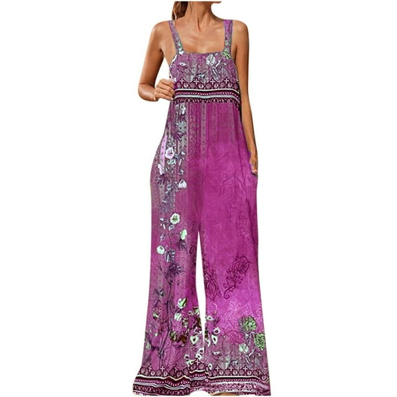 Usmixi Jumpsuits for Women Vintage Ethnic Style Graphics Plus Size Wide Leg Baggy Strap Long Jumpsuits Overalls Summer Formal Floral Print Square Neck Sleeveless Maxi Rompers Purple s