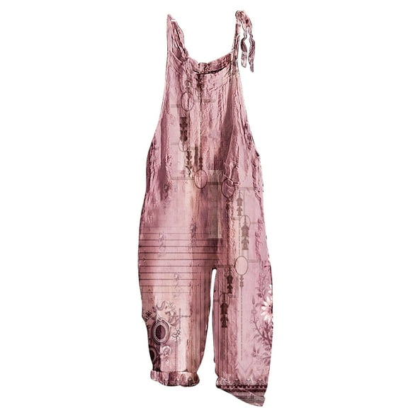 Usmixi Jumpsuits for Women Vintage Graphics Loose Soft Cotton Linen Adjustable Strap Baggy Jumpsuits Overalls Summer Formal Floral Print Crewneck Sleeveless Long Rompers Pink l