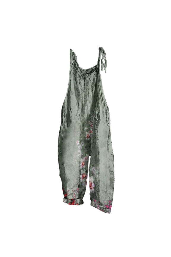 Usmixi Jumpsuits for Women Vintage Graphics Loose Soft Cotton Linen Adjustable Strap Baggy Jumpsuits Overalls Summer Formal Floral Print Crewneck Sleeveless Long Rompers Gray m