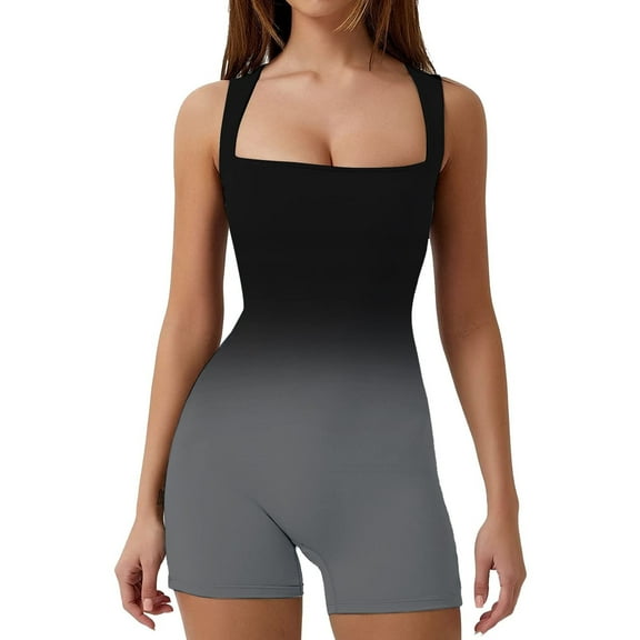 Usmixi Jumpsuits for Women Workout Sports Slim Stretch Lightweight Fashion Mini Tank Jumpsuits Overalls Summer Formal Gradient Print Scoop Neck Sleeveless Short Rompers Gray l