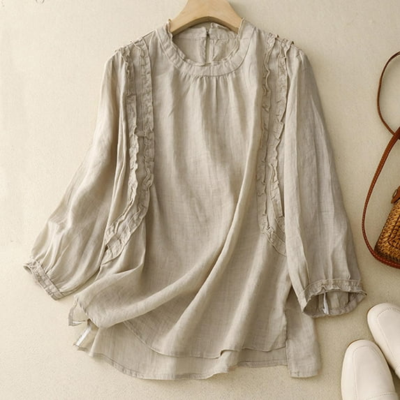 Usmixi Long Sleeve Tops for Women Fall Ladies Round Neck Loose Vintage Lightweight Cotton Linen Pullover Blouses Shirts Winter Long Sleeve Solid Casual Long Sleeve Tops Tops