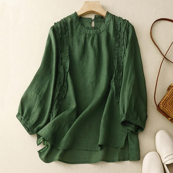 Usmixi Long Sleeve Tops for Women Fall Ladies Round Neck Loose Vintage Lightweight Cotton Linen Pullover Blouses Shirts Winter Long Sleeve Solid Casual Long Sleeve Tops Tops