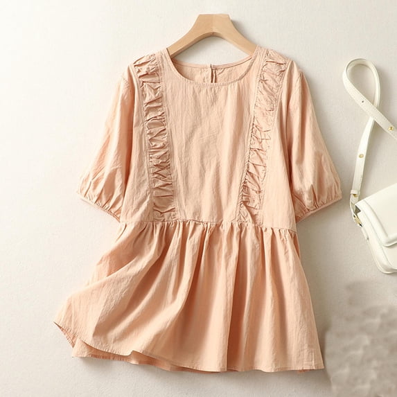 Usmixi Long Sleeve Tops for Women Vintage Cotton Linen Fall Ladies Flowy Pleated Hem Crewneck Pullover Tunic Blouses 2023 Winter Short Sleeve Solid Casual Long Sleeve Tops Tops Clearance