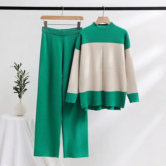 Usmixi Lounge Set for Women Sweater 2 Piece Sets for Women Fashion Slit Color Patchwork Knitted Pullover Sweater High Waist Wide Leg Long Pant 2 Piece Sets Loungewear Sets Under $10