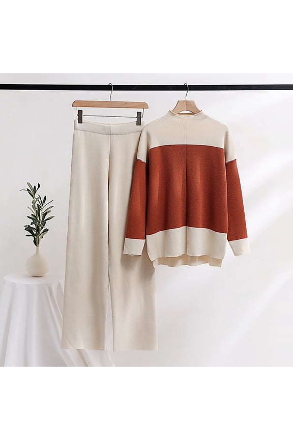 Usmixi Lounge Set for Women Sweater 2 Piece Sets for Women Fashion Slit Color Patchwork Knitted Pullover Sweater High Waist Wide Leg Long Pant 2 Piece Sets Loungewear Sets Under $10