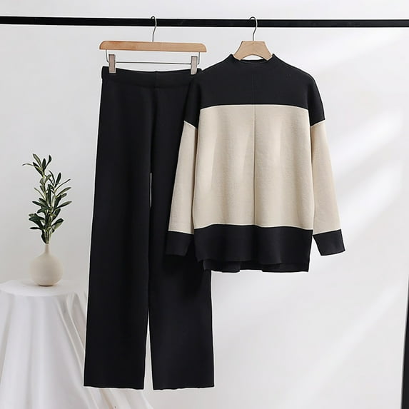Usmixi Lounge Set for Women Sweater 2 Piece Sets for Women Fashion Slit Color Patchwork Knitted Pullover Sweater High Waist Wide Leg Long Pant 2 Piece Sets Loungewear Sets Under $10