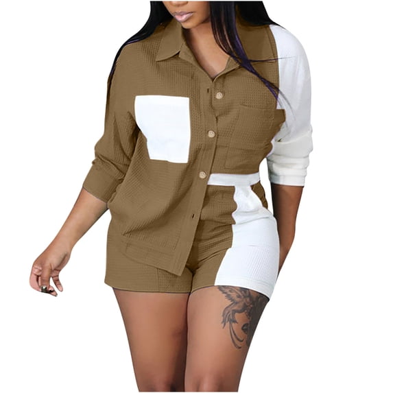 Usmixi Lounge Set for Women Womens 2 Piece Button Outfits Fashion Color Patchwork Lapel Long Sleeve Corduroy Shirts and Shorts Lounge Sets Ladies Jacket Shirt Matching Sets
