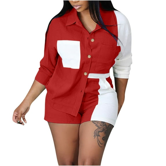 Usmixi Lounge Set for Women Womens 2 Piece Button Outfits Fashion Color Patchwork Lapel Long Sleeve Corduroy Shirts and Shorts Lounge Sets Ladies Jacket Shirt Matching Sets Under $10