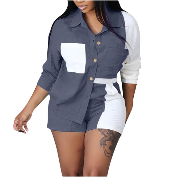 Usmixi Lounge Set for Women Womens 2 Piece Button Outfits Fashion Color Patchwork Lapel Long Sleeve Corduroy Shirts and Shorts Lounge Sets Ladies Jacket Shirt Matching Sets Under $10