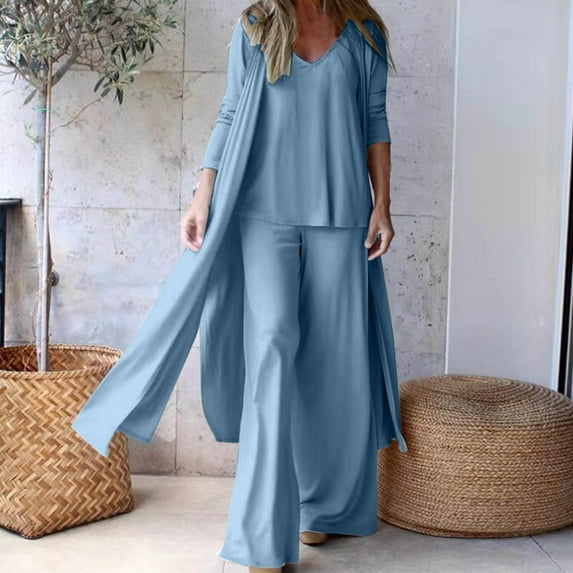 Usmixi Lounge Set for Women Womens 3 Piece Sets Fall Casual Solid Lightweight Plus Size Cardigan Shirt and Wide Leg Pant Outfit Sets Long Sleeve Ladies Loungewear Sets Under $10