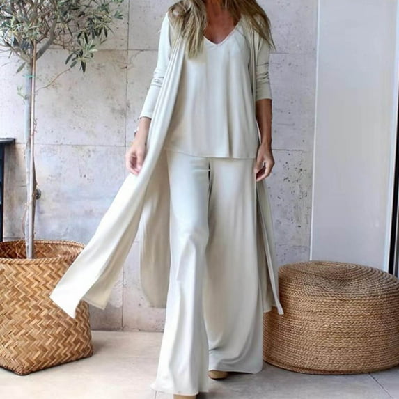 Usmixi Lounge Set for Women Womens 3 Piece Sets Fall Casual Solid Lightweight Plus Size Cardigan Shirt and Wide Leg Pant Outfit Sets Long Sleeve Ladies Loungewear Sets Under $10