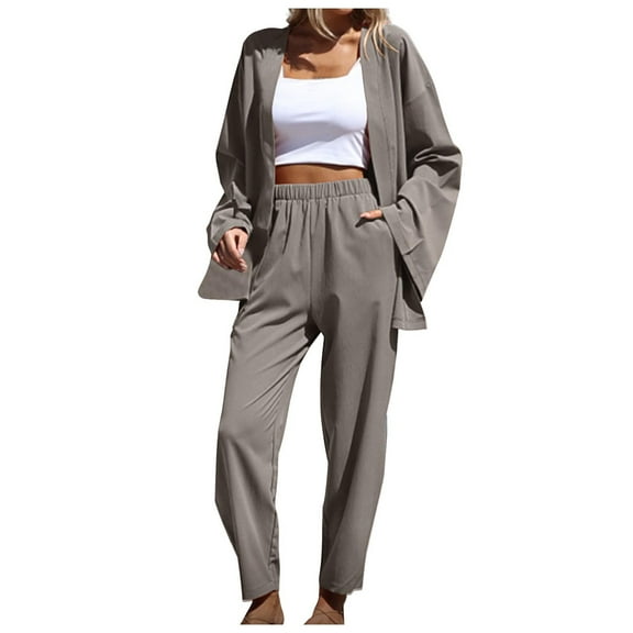 Usmixi Lounge Set for Women Womens Cardigan 2 Piece Outfits Casual Solid Fall Lightweight Coat and Elastic Waist Long Pant Lounge Sets Ladies Homewear Sets with Pocket Under $10