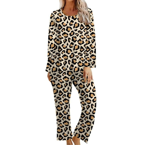 Usmixi Loungewear Set for Women Pajamas Sets for Women Vintage Leopard Print Long Sleeve Pullover Top and Pants 2 Piece Sets Ladies Homewear Sleepwear Lounge Matching Sets Under $10