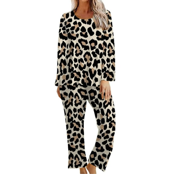 Usmixi Loungewear Set for Women Pajamas Sets for Women Vintage Leopard Print Long Sleeve Pullover Top and Pants 2 Piece Sets Ladies Homewear Sleepwear Lounge Matching Sets Under $10