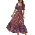 thumbnail image 1 of Usmixi Maxi Dresses for Women Short Sleeve Scoop Neck Western Print Summer Long Dress Vintage Beach Bohemian Puff Sleeve Ruffle Swing Dresses Red S, 1 of 5