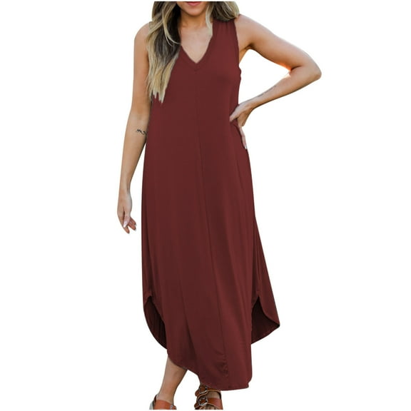 Usmixi Maxi Dresses for Women Sleeveless V-Neck Solid Summer Long Dress Casual Loose Irregular Plus Size Tank Dresses Wine S
