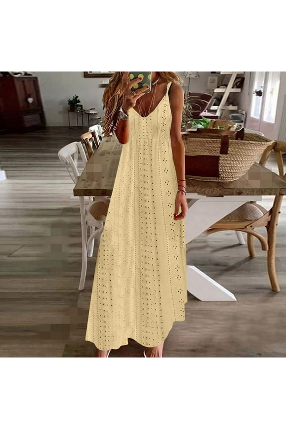 Maxi Dresses for Women Sleeveless V-Neck Sunflower Print Summer Long Dress Beach Spaghetti Strap Swing Hem Camisole Dresses