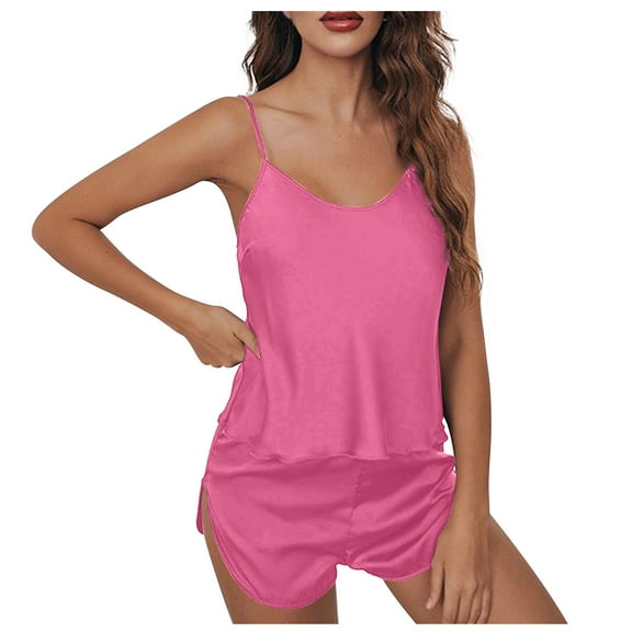 Usmixi Pajama Set for Women Womens Pajamas Sets Silky Satin Sleepwear 2 Piece Outfits V Neck Sleeveless Camisole Top and Shorts Homewear Set Casual Solid Loungewear Sets