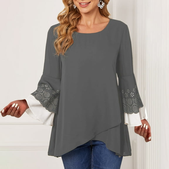 Usmixi Pullover for Women Elegant Lace Trim Flared Sleeve Plus Size Irregular Hem Fall Laides Pullover Tunic Blouses Winter Long Sleeve Solid Casual Pullover Tops