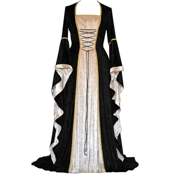 Usmixi Renaissance Costumes for Women Vintage Retro Medieval Dresses Velvet Butterfly Sleeve Bandage Hallowee-n Medieval Maxi Dresses Clothes