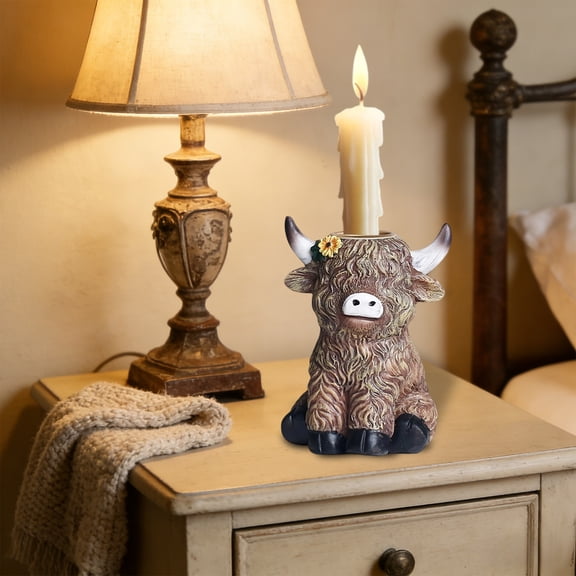 Usmixi Resin Highlands Yak Candle Holder Figurine with Floral Accent Rustic Desktop Decor for Living Room Office Shelf Seasonal Display and Gift Idea 1 Piece