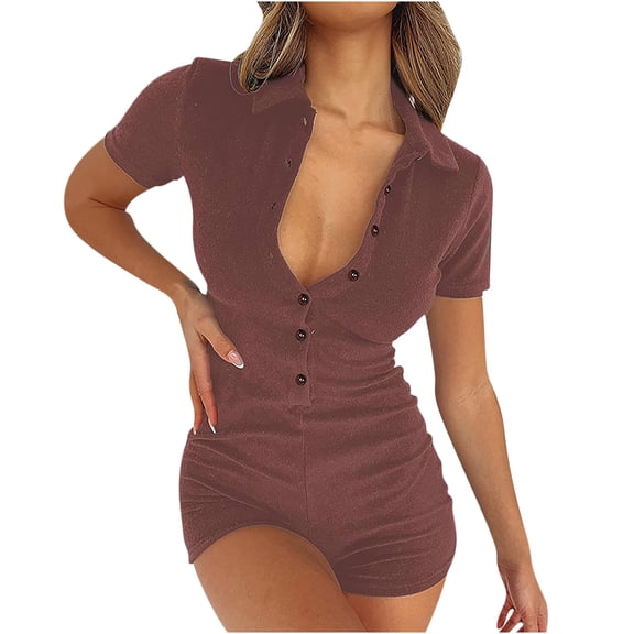 Usmixi Rompers for Women Casual Button Down Bodycon Short Jumpsuits for Women Summer Dressy V-Neck Short Sleeve Formal Solid Mini Womens Jumpsuits on