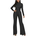 thumbnail image 1 of Usmixi Rompers for Women Fall Elegant Flared Leg Empire Waist Ladies Long Jumpsuits Half High Neck Long Sleeve Formal Solid Maxi Womens Jumpsuits on, 1 of 6