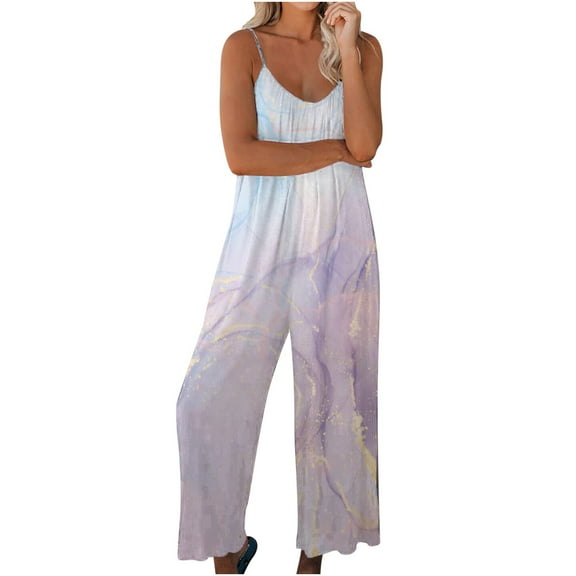 Usmixi Rompers for Women Summer Beach Fashion Loose Wide Leg Strap Jumpsuits with Pocket Crewneck Sleeveless Formal Marbled Print Maxi Womens Jumpsuits on