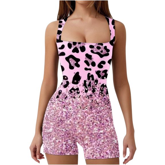 Usmixi Rompers for Women Vintage Leopard Graphics Sports Workout Bodycon Tank Jumpsuits Summer Casual Square Neck Sleeveless Formal Floral Print Short Womens Jumpsuits on