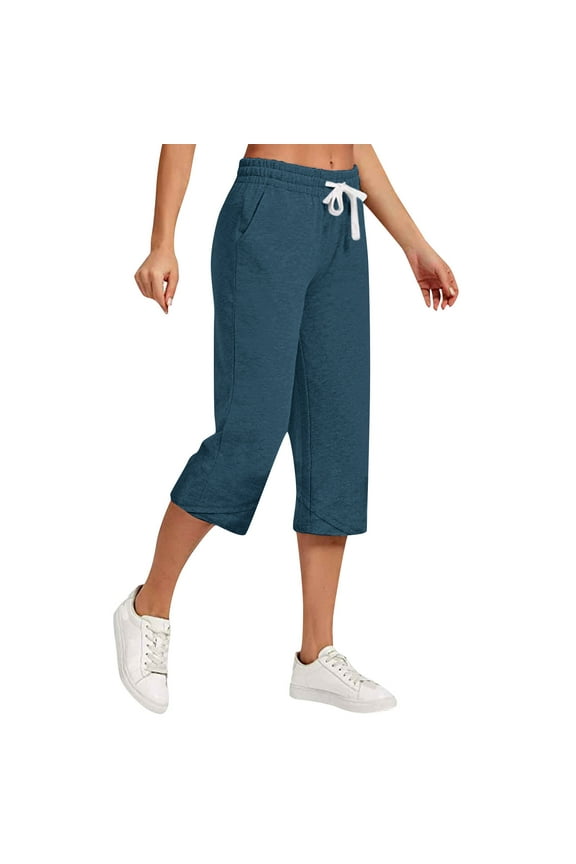 Usmixi on Sale Capris for Women Capri Pants for Women Casual Summer Cotton Linen Plus Size Straight Leg Cropped Pants Solid Drawstring High Waist Leisure Wear Pocket 3/4 Pants