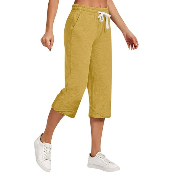 Usmixi on Sale Capris for Women Womens Capri Pants Plus Size Casual Solid Drawstring Elastic Waist Linen Cropped Trousers Loose Wide Leg Leisure Wear 3/4 Pants with Pocket
