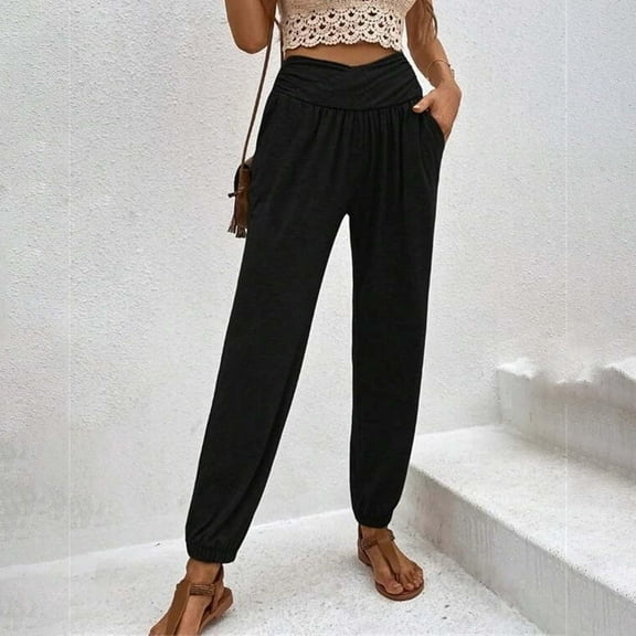 Usmixi on Sale Pants for Women Womens Jogger Pants Breathable Comfort French Terry Workout Sports Long Pants Casual Solid High Waist Pleated Pocket Cropped Harem Trousers