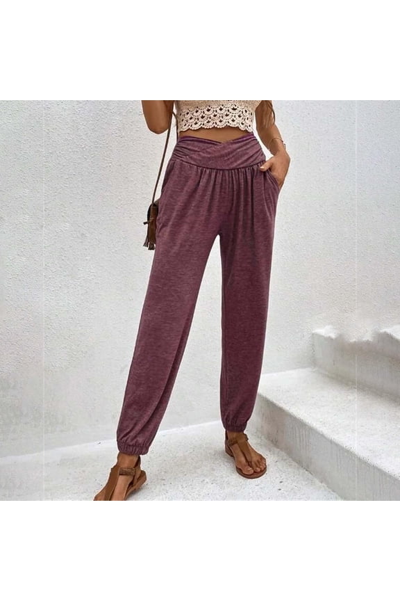 Pants for Women Womens Jogger Pants Breathable Comfort French Terry Workout Sports Long Pants Casual Solid High Waist Pleated Pocket Cropped Harem Trousers
