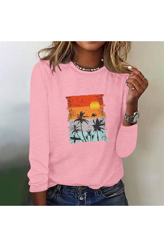 Usmixi Sale Sweatshirt for Women Fall Comfy Lightweight Ladies Going out Loose Cute Pullover Tee Tops Winter Trendy Coconut Tree Print Crewneck Long Sleeve Blouses