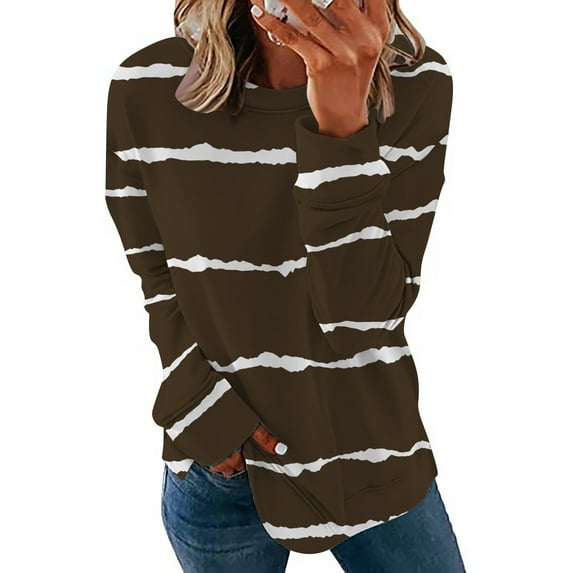 Usmixi Sale Sweatshirt for Women Womens Crewneck Sweatshirts Fall Lightweight Plus Size Loose Ladies Fashion Pullover Tops Winter Trendy Striped Print Round Neck Long Sleeve Blouses