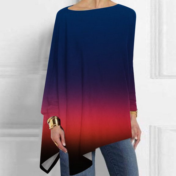 Usmixi Sale Womens Tops Womens Fashion Pullover Winter Plus Size Loose Lightweight Irregular Hem Pullover Tops Fall Trendy Gradient Print Round Neck Long Sleeve Blouses Shirts