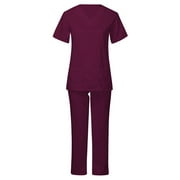 Usmixi Scrub Sets for Women Womens 2 Piece Scrub Outfits Casual Short Sleeve Scrub Tops and Long Pants Sets Nurse's Uniform Lounge Set Working Sets with Pocket Clearance Under $10
