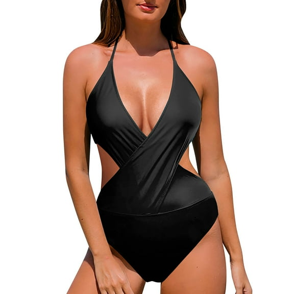 Usmixi Sexy Swimsuits for Women Sexy Cut-out Tummy Control One-Piece Bathing Suits Beachwear Sleeveless V-Neck Solid Swimwears Monokini Swimsuits Black L Up to 65% off